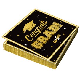 Heyiminy 24Pcs Graduation Napkins, Class of 2025 Congrats Grad Napkins, Disposable Paper Cocktail Dinner Napkin Hand Towels for College High School Graduation Party Decorations Supplies,Gold & Black