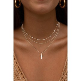 Sliver Layered Necklaces for Women, Dainty Sterling Sliver Plated Cross Pearl Necklaces Simple Long Chain Cross Pendant Necklace Trendy Jewelry Gift for Women Girls
