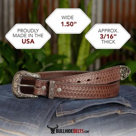 BullhideBelts.com Men's Leather Basket Weave Western Belt, 1.5” Wide, Brown, 36“