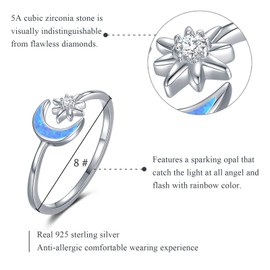 CUOKA MIRACLE Moon Ring, S925 Sterling Silver Solitaire Adjustable Ring, Blue Moon Opal, 0.31in, 1.62g, Ideal Gift for Women, Graduation, Birthday, Thanksgiving, Christmas