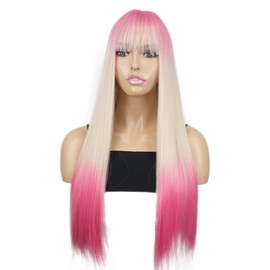 onemily Long Pink Wigs for Women 24Inch Straight Pink Wig with Bangs Natural Soft Synthetic Heat Resistant Fiber Wigs Hair for Daily Party Use
