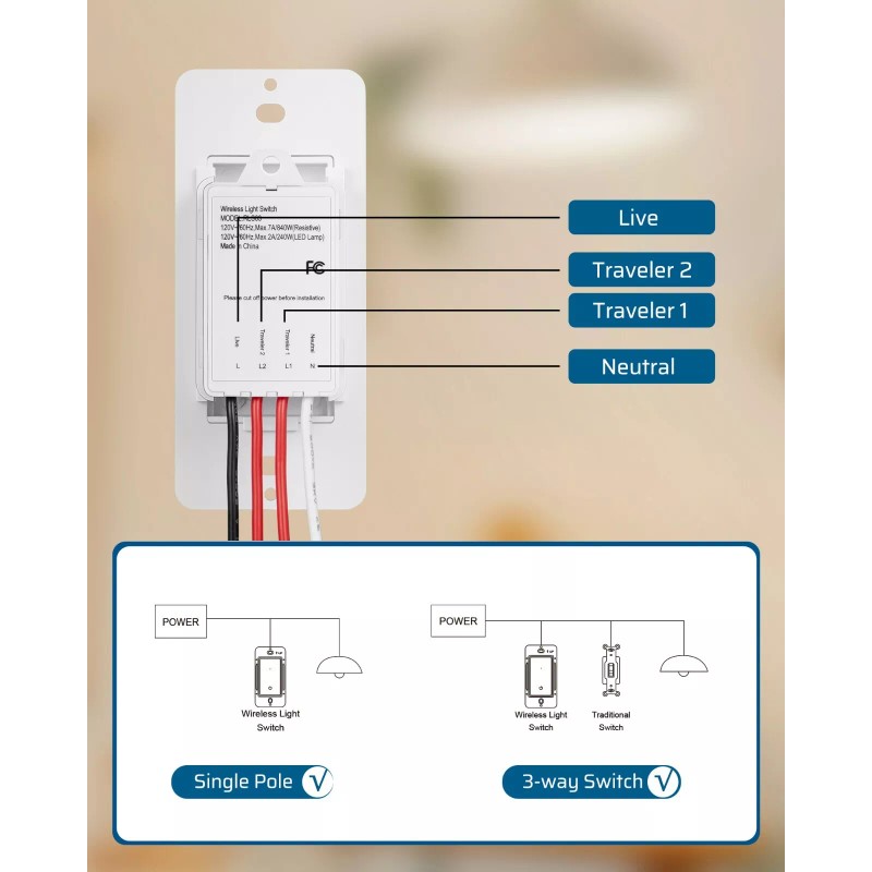 Dewenwils DEWENEILS Wireless Light Switch and Receiver Kit with Magnetic