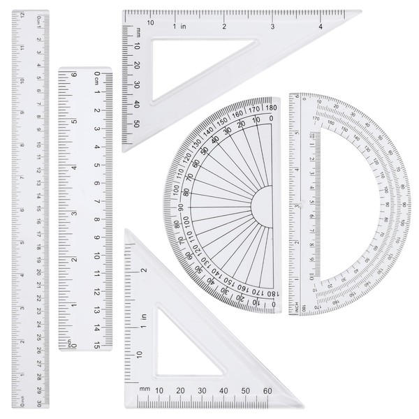 6pcs Geometry Set, Plastic Ruler 15cm 30cm Straight Ruler Clear