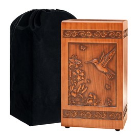 Wooden Urn for Ashes Adult Male Female, Handcrafted Large Cremation Urns Box for Human Ashes Adult Man Woman, Memorial Decorative Funeral Urn with Hummingbird Carvings, with Velvet Bag