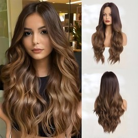 Largo Ombre Marrón Ondulado Peluca Para Mujer 26 Pulgadas Parte Media Rizado Encantadora Peluca Sintética Con Natural Ondulado Marrón Cabello Resisten