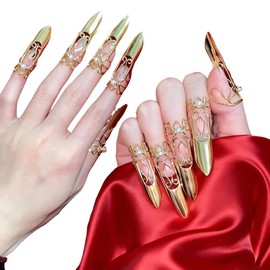 Ouliget Adjustable Fingernails,Middle Ages Court Style Queen Fingernail, Reusable Detachable Women Gift Ring Set,Cosplay Costume Drama Dance Show,10 Pieces