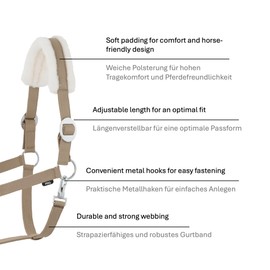 JA Horse Faux Fur Halter Lead Rope Set with Panic Hook Adjustable Horse Halter Horse Wooden Horse Tie Rope (Faux Fur Panic Hook Khaki, Cob)
