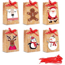 DIYASY Christmas Kraft Gift Boxes,24 Christmas Party Treat Goody Candy Bag for Xmas Party Bag Fillers Holiday Die-Cut Flip Over Treat & Gift Bags