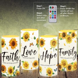 Tiamon Sunflower Flameless Candles LED Love Hope Faith Candles Battery Operated Yellow Floral Flickering Candles with 18 Key Remote Timer Pillar for Summer Holiday Table Decorations