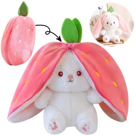 VOSSOT Rabbit Hide Hide, Strawberry Bunny Cushion Plush Toy, Easter Bunny Stuffed Plush Toy Rabbit, Rabbit Doll, Rabbit Plush Toy, Wrapped in Strawberry Gifts, 18 cm High (Rabbit)
