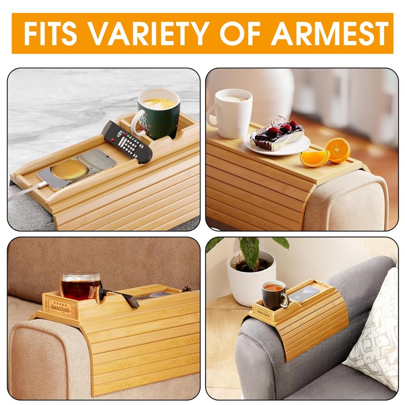 Bamboo Couch Cup Holder Tray with 2 Cork Coasters, Caddy,