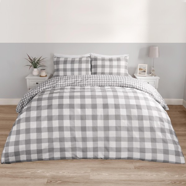 OHS Grey Double Duvet Set, Reversible Check Bedding Super Soft