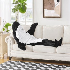 Shark Blanket Hoodie Onesie - Wearable Cozy Soft Flannel Full Body Snuggle Blanket for Cosplay Shark, White Elephant Gifts for Adults (Black,XL)
