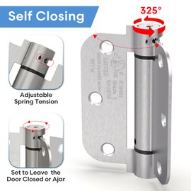 Treasem Self Closing Door Hinges, Rust-Resistant Auto Closing Spring Hinges with Adjustable Tension 3.5 in, 5/8'' Radius, for Interior, Exterior & Commercial Doors, Brushed Chrome Silver, 3 Pack