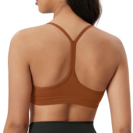 ODODOS Cloud Feeling Y Racerback Sports Bra for Women Wirefree Padded Strappy Yoga Bra, Caramel, Small