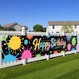 BlissYard Happy Birthday Long Banner 118x20 Inch Paint Splatter Glow in The Dark Party Backdrop Decoration Art Theme Polyester Fabric Large Event Supplies For Girls or boys gifts