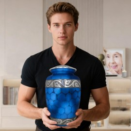 NANIURN Burial Urns for Adult Human Ashes, Cremation Urns for Human Ashes, Funeral Metal Engraved Urn, Memorial Urn, Erns, Blue Texture - Large Size
