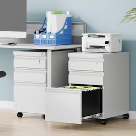 AFAIF 3 Drawer Mobile File Cabinet with Lock, Rolling File Cabinets for Home Office, Under Desk Small File Caninet on wheels, Metal Vertical White Filing Cabnet for Legal/Letter/A4 - Assembly Required