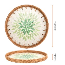 11.8 Inch Rattan Coffee Table Tray with Mother of Pearl, Decorative Round Wicker Baskets for Home Decor Storage and Display, Woven Serving Tray for Breakfast Fruit Food (Emerald)
