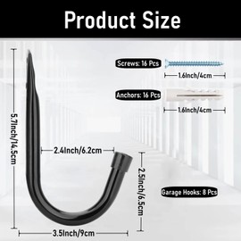 Whrsinlor Heavy Duty Garage Storage Hooks, 3.4Inch J Utility Garage Wall Hooks for Hanging, 8 Pack Wall Mounted Hanging Hooks