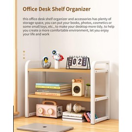 Janebert Office Desk Shelf Organizer, Wood Desktop Bookshelf Supplies Storage Rack, Shelf for Top of Desk and Dresser and Cubicle Decor Aesthetic Bookshelf (White White-Two Tier)