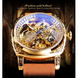 FORSINING Fancy Watches for Men, Square Retro Mechanical Watch Self-Wind Carved, Gear Movement Golden Skeleton Automatic Watches Vintage Leather Strap Wrist Watch, gold, Retro
