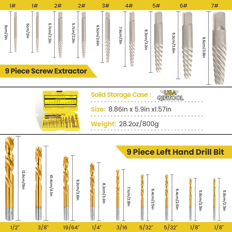 18PCS Screw Extractor Set, 37# Cr-Mo & 6542 HSS Steel
