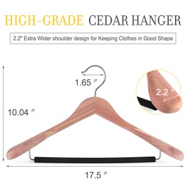 TOPIA HANGER Unfinished American Red Cedar Wood Coat Suit Hangers, Luxury Wooden Jacket Clothes Hangers, Wide Shoulder with Black Padded Pant Bar- 360°Flexible Hook, 4 Pack- Natural- CT07W