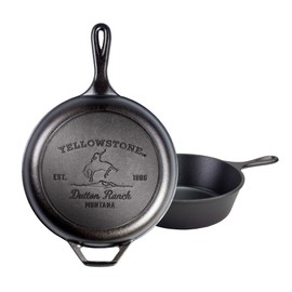 Lodge Pre-Seasoned Yellowstone Stamped Cast Iron 2 in 1 Combo Cooker - Dual Handle - Deep Pot Cooker + Frying Pan - Use in the Oven, on the Stove, on the Grill, or Over a Campfire - Use to sear, sauté, bake, broil, braise, fry, or grill - Bucking Bronco 10.5 Inch Combo Cooker