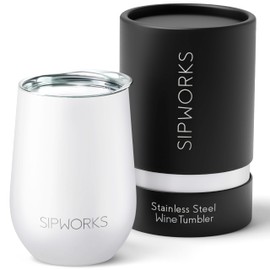 Sipworks Wine Tumbler with Lid - 12 oz Stainless Steel Tumblers with Removable Lid & Double Walled Vacuum Insulation - Leakproof, Shatterproof Insulated Wine Tumbler for Travel - Arctic White