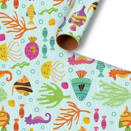 Ocean Themed Birthday Wrapping Paper For Kids Girls Boys, Under the Water Animal Coastal Design Light Green Gift Wrap Paper for Birthday Baby Shower Children's Day, 4 Sheets Folded Flat 20x28 Inches Per Sheet