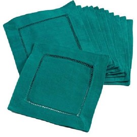 12 Piece All Seasons Easter 6" x 6" Classic Hemstitched Cocktail Napkins Set, Traditional Linen Blend Cotton Napkins Set, Casual Coaster Type Solid Color Pattern Square Shape Emerald Green Napkins Set