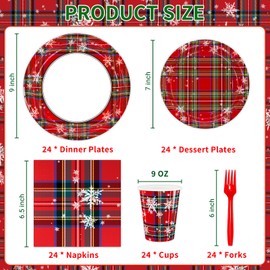 DYLIVeS Tartan Plaid with Snowflake Party Supplies, Tartan Plaid Decorations Disposable Dinnerware Set, Red and Green Plaid 9.2" Dinner Plates, 7" Dessert Plates, Napkins Cups Forks, Serves 24