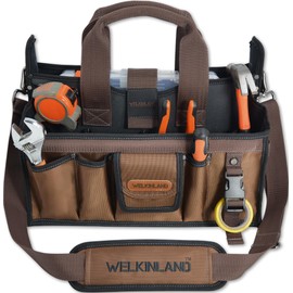 WELKINLAND 20-Pockets Tool Tote Bag, 16" Electrician Tool Bag, Open-Top Tool Bag, Stay-Up HVAC Tools Bag, Brown Tech Tools Bags, HVAC Bag, Tool Tote Bag With Handle