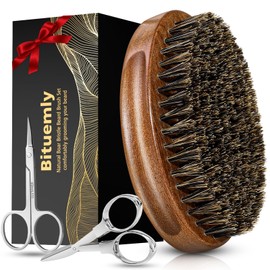 Bituemly Beard Brush, Stocking Stuffers Boar Bristle Beard Brush for Men and Mustache Scissors Facial Hair Grooming Kit, Detangles Boars Hair Styling Beard Tool, Christmas Gift for Boyfriend Husband