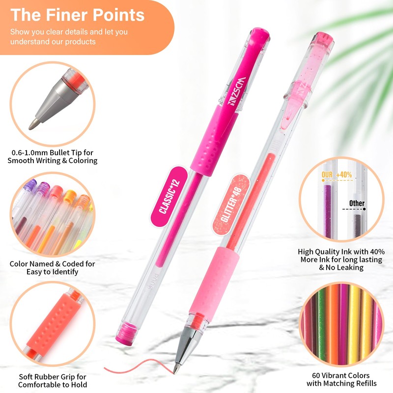 120 Pack Glitter Gel Pens Set, ZSCM 60 Colors Pens