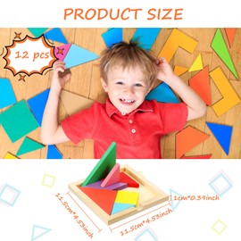 Meooeck Wooden Tangrams Puzzle, 12 Pieces - Portable, Educational Gifts for Kids Ages 4-8, Brain Logic Blocks for Manipulatives Games, Notch Style