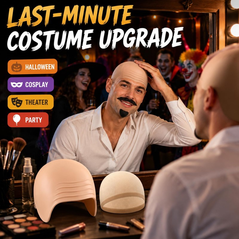 24 Pcs Bald Cap with Mustache Bald Wig Cap Halloween