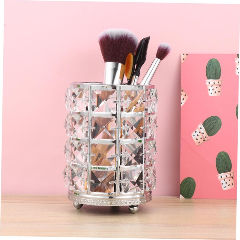 BIUDECO Large Silver Crystal Cosmetics Brush Holder Hollow Lace Design