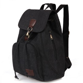 WITERY Canvas Backpack Purse for Women- 15.7 inch Laptop Bag Small Black Vintage Rucksack, Cute Casual Drawstring School Daypack for Hiking Travel Work