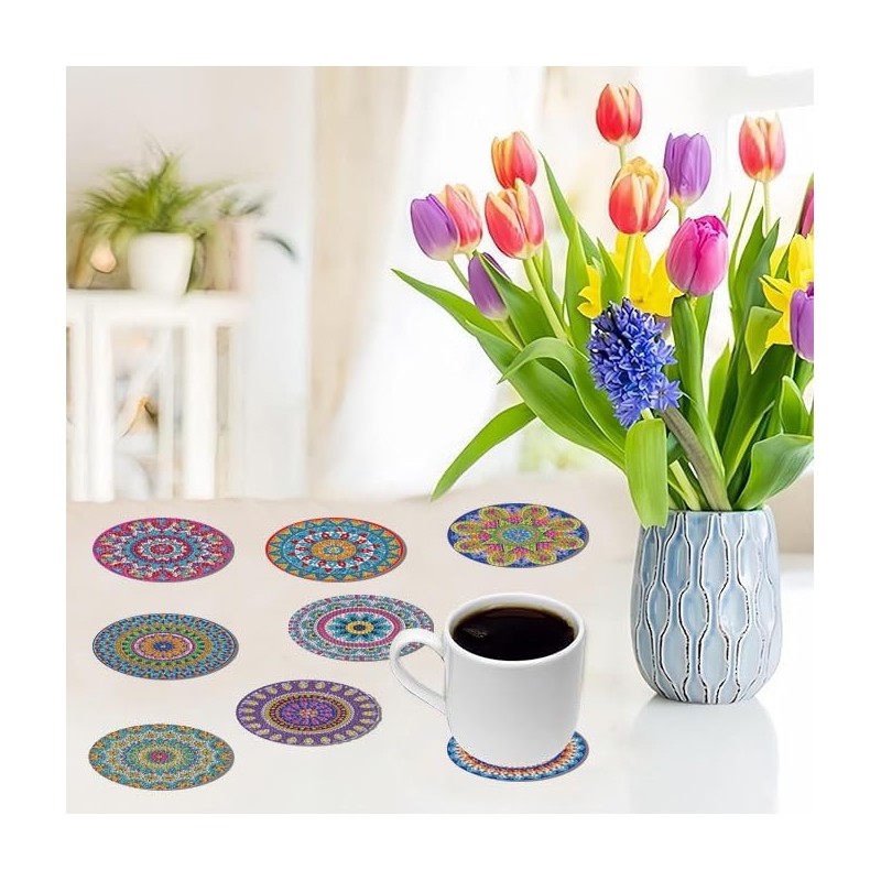 8 PCS 5D DIY Diamond Crafts Painting Coasters, Round Diamond
