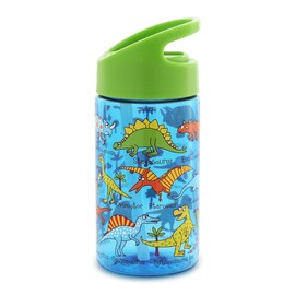 Tyrrell Katz Kids Dinosaur Printed Flip Top Drinking Bottle in Blue with Straw - Dishwasher Safe Lightweight Children's School Water Flask - 400 ml