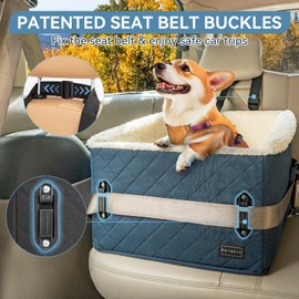 PETSFIT Small Dog Car Seat, Soft Foam Dog Booster Seat with Patent Safe Buckles, Storage Pockets and Detachable Dog Seat Belt for Car, Car Seat for Dogs Up to 30 LBS (Blue)