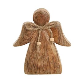 TEMPELWELT Decorative Figurine Guardian Angel Standing 13 x 15 cm Mango Wood Solid Brown Angel Figurine Wooden Angel with Bow