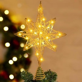 Bocguy Christbaumspitze Stern Gold, 34 x 23cm Baumspitze Weihnachten, Weihnachtsbaum Stern Spitze mit 20 LED, Tannenbaum Spitze für Weihnachtsbaum, Christbaumspitze Beleuchtet, Innendekoration (A)