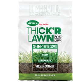 Scotts Turf Builder Thick'R Lawn Tall Fescue Mix - Combination Grass Seed, Lawn Fertilizer and Soil Improver, Thickens Thin Grass, Covers 1,200 sq. ft, 12 lb.