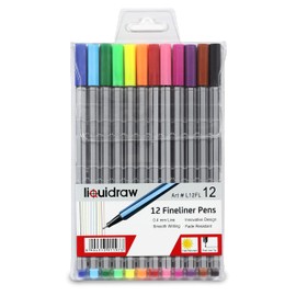 Liquidraw 12 Fineliner Colouring Pens Set Fine Point Pens 0.4mm Assorted Colours, Fineliners Coloured Pens