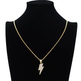 Hip Hop Lightning Bolt Crystal Pendant Necklace Stainless Steel Punk Charm Thunder Iced Out Chic Rhinestone Cubic Zirconia Chain Necklace for Women Men Minimalist Rock Party Fashion Jewelry Gifts,