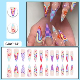 Press on Nails Pointed Almond Glossy Full Cover Acrylic Almond Medium Length French False Nails with Floral Line Designs Artificial Fake Nails Glue ons Almond Nails Stick on Fingernails for Women