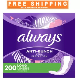 Always Anti-Bunch Xtra Protection Daily Liners Unscented Long, 200 ct.